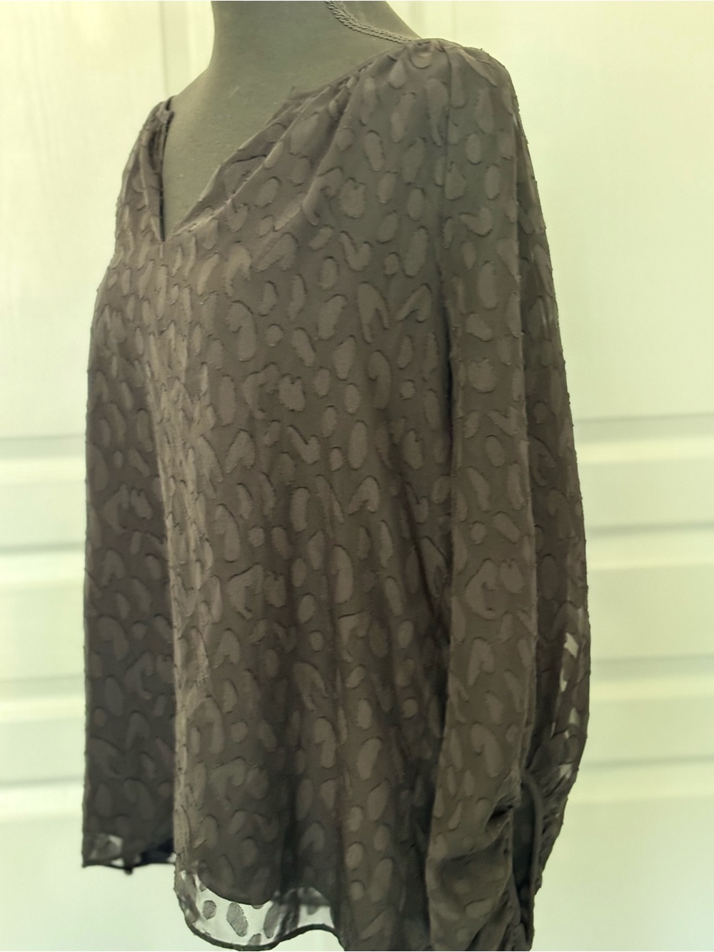 WHBM Black Burnout Animal-Print V-Neck Blouse - Long sleeve w elastic cuffs - Picture 8 of 12